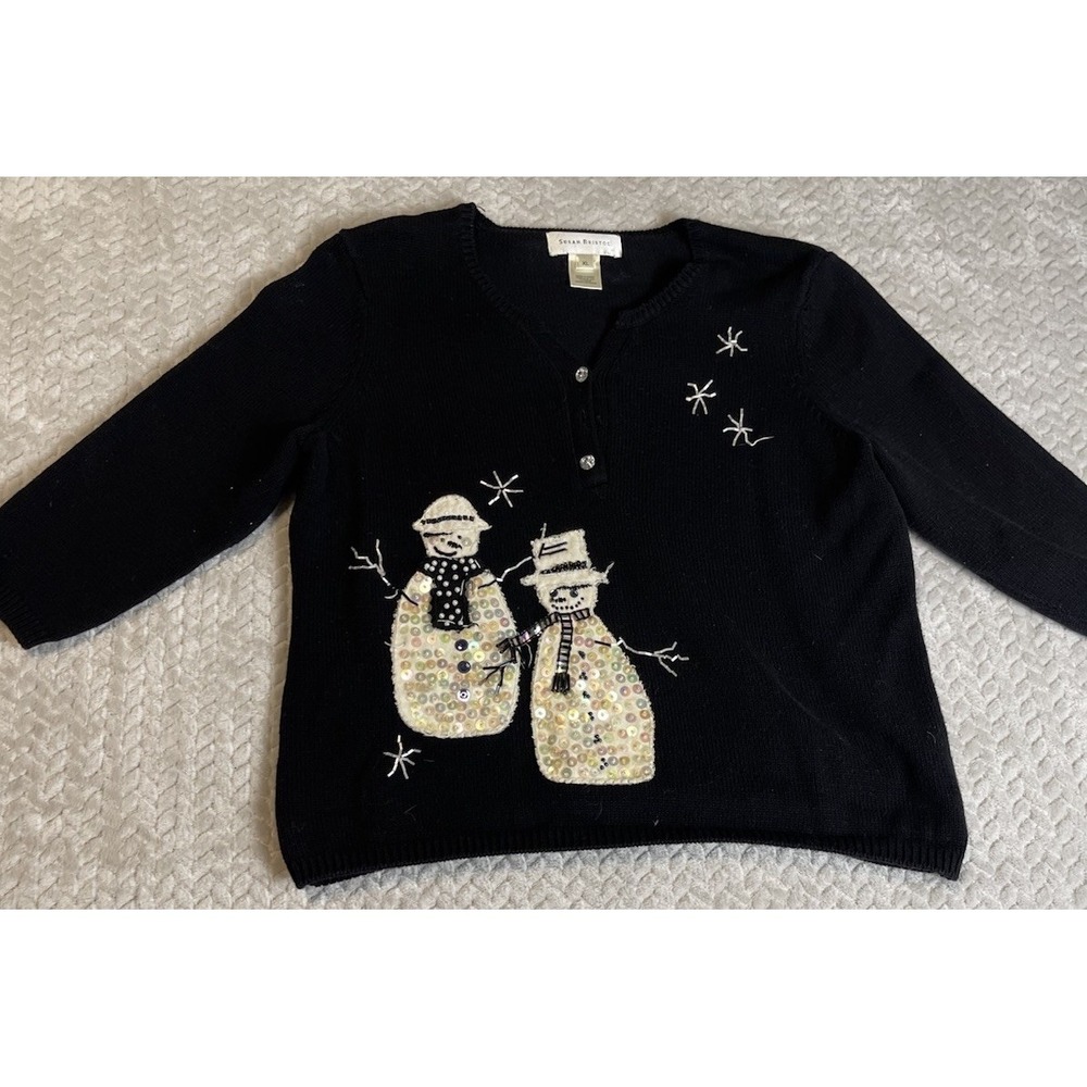 Vintage‎ SUSAN BRISTOL Snowman Sweater XL Black Cotton Holiday Christmas